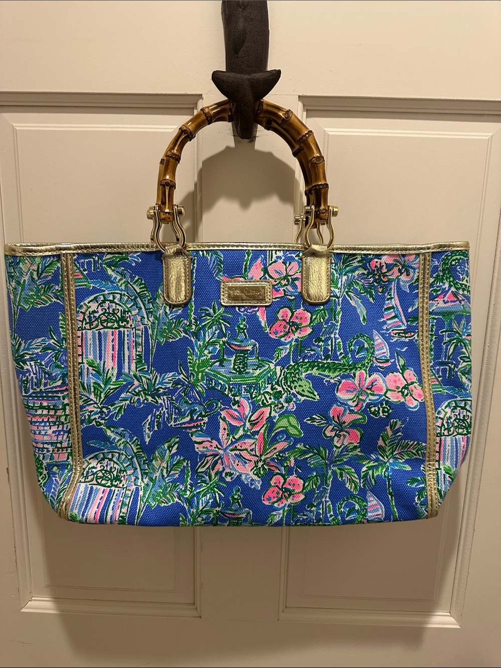 Lilly Pulitzer Blue Floral Tote with Bamboo Handles